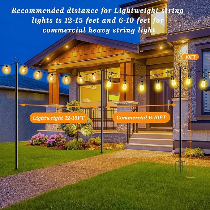 Mutovlin 4 Pack String Light Poles,10 Ft Light Poles for Outside String Lights,Outdoor Lights Pole with Fork,Metal Poles Stand for Patio Deck Backyard (10FT 4 Pack)