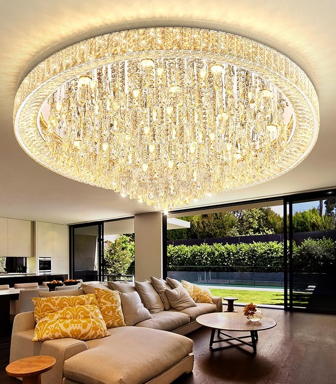 47" Modern Chandeliers LED Dimmable Crystal Flush Mount Ceiling Chandeliers for Living Room High Ceiling Entrance Foyer Lobby Bedroom Silver