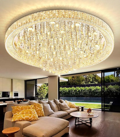 47" Modern Chandeliers LED Dimmable Crystal Flush Mount Ceiling Chandeliers for Living Room High Ceiling Entrance Foyer Lobby Bedroom Silver