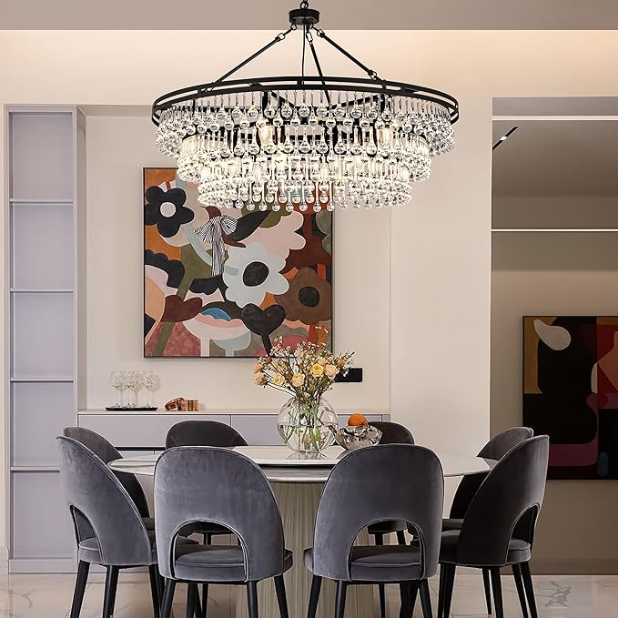 Wellmet Large Black Farmhouse Chandelier, 38in Round Modern Crystal Teardrop Chandelier for Dining Room, Bedroom, Kitchen, Hallway, Closet, Living Room