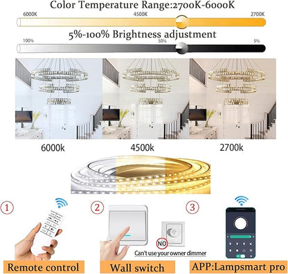 D40''+D27.5''+D15.7'' Modern Gold 3 Ring Crystal Chandeliers for Living Room Crystal Pendant Light Foyer Entrance LED Dimmable 3000-6000K Fixtures