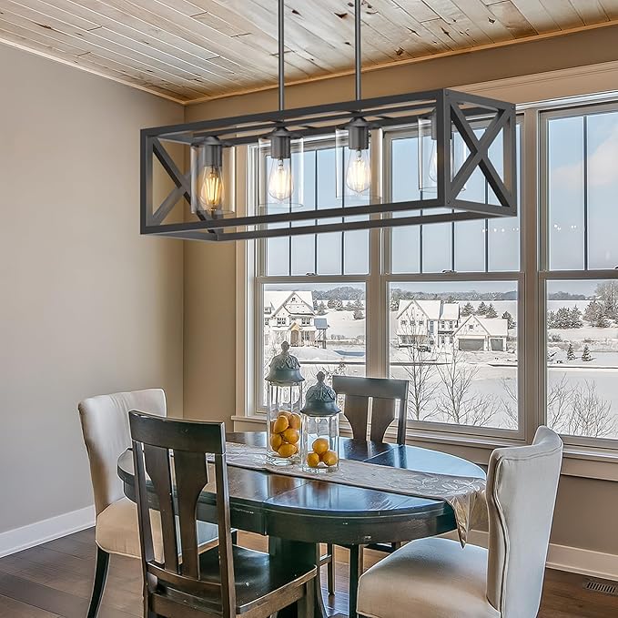 Farmhouse Dining Room Light Fixture - 4 Light Kitchen Island Lighting with Adjustable Height & Thickened Metal Dining Room Light Fixture Over Table，Chandeliers for Dining Room&Kitchen Island