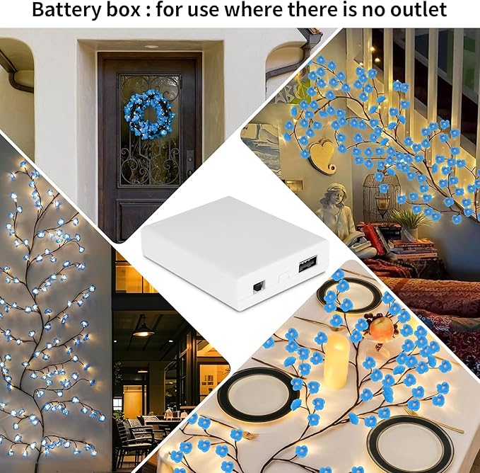 FNHMSL Cherry Enchanted Willow Vine Lights, 4FT 48LED Blue Cherry Blossom Tree Branch Lights for Wall with USB Battery Box,Remote Timer,8 Light Model, Indoor Bedroom Wall Doors Wedding, Christmas