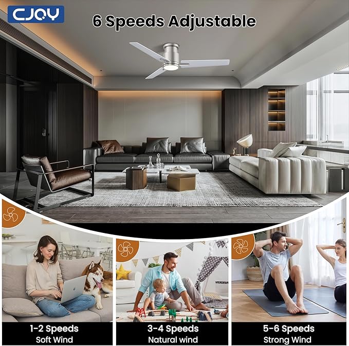 CJOY Ceiling Fan with Lights, 48 Inch Low Profile Ceiling Fans with Light and Remote, Reversible DC, Flush Mount, 3CCT，Dimmable, Modern Indoor/Outdoor Design for Bedroom, Living Room, Patio, Kitchen