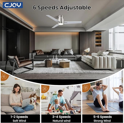 CJOY 52" Low Profile Ceiling Fan with Light and Remote, Brushed Nickel Ceiling Fans, 6 Speed Reversible DC Motor, 3CCT Dimmable LED- Flush Mount Design for Bedroom, Living Room & Covered Outdoor