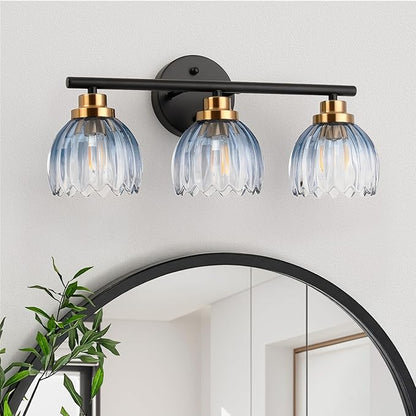 TALOYA Bathroom Vanity Light Fixtures, 3-Light Modern Black and Gold Wall Lights Over Mirror with Gradient Blue Tulip Glass Shades Bathroom Wall Lamp for Mirror, Living Room,Hallway, Farmhouse