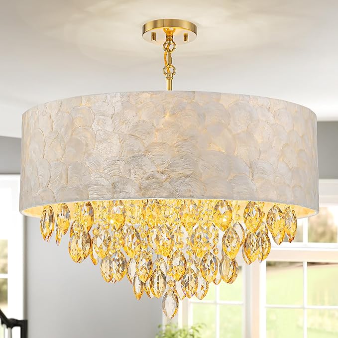 X-Large 6-Light Drum Capiz Shell K9 Crystal Chandelier, Coastal Style Pendant Light Fixture for Dining Room, Living Room, D24 * H24~70 Inch (Adjustable), Champagne Crystal & Chrome Finish