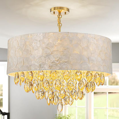 X-Large 6-Light Drum Capiz Shell K9 Crystal Chandelier, Coastal Style Pendant Light Fixture for Dining Room, Living Room, D24 * H24~70 Inch (Adjustable), Champagne Crystal & Chrome Finish