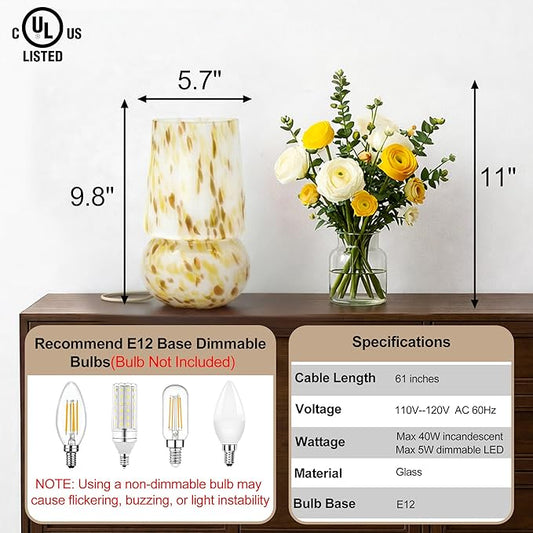 9.8 Inch Mushroom Table Lamp, UL Listed Dimmable Small Desk Bedside Lamp with Woven Beige Cord, Handcrafted Pattern, Murano Home Decor for Bedroom, Living Room, Entryway, Cream Gold, No Bulb Included
