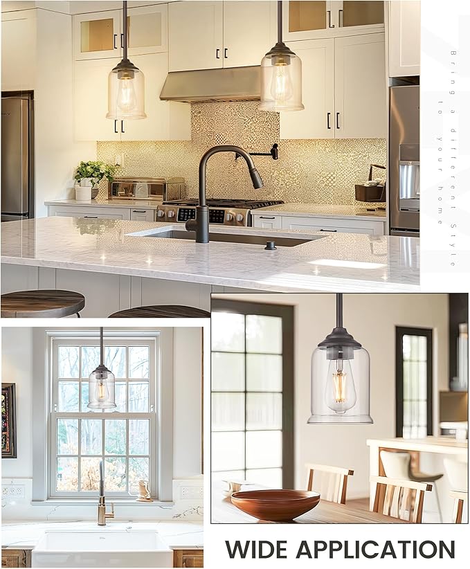 zeyu Farmhouse Hanging Pendant Lights 2 Pack, Modern Pendant Lights Kitchen Island with Clear Glass Shade, Oil Rubbed Bronze Finish, ZSL104MIL-2 ORB
