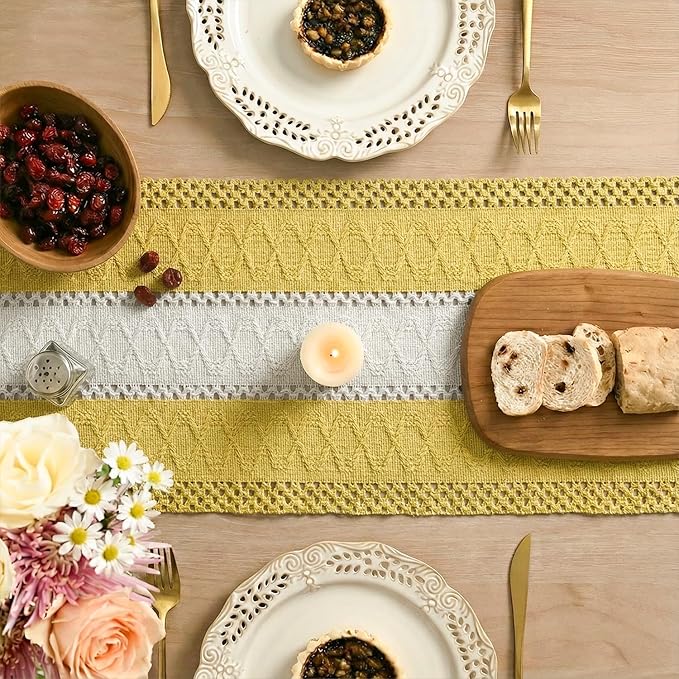 Artoid Mode Yellow Farmhouse Rustic Table Runner, Seasonal Hollow Kitchen Dining Table Decoration for Home Party Decor 12x108 Inch