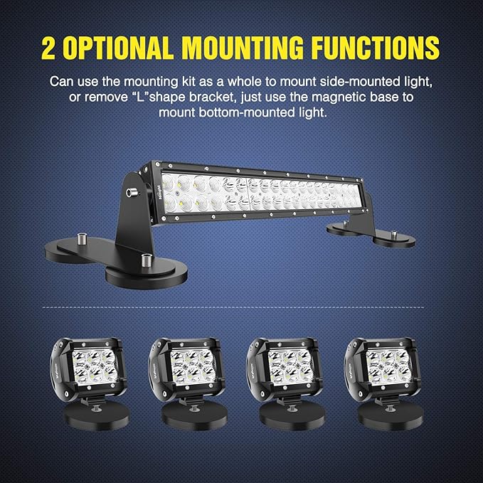 Nilight 2PCS Magnetic Base LED Light Bar Mounting Brackets, Powerful Sucker Holder for Straight Curved Side-Mounted Light Bar Mounting on Hood Roof, 2 Years Warranty, Black