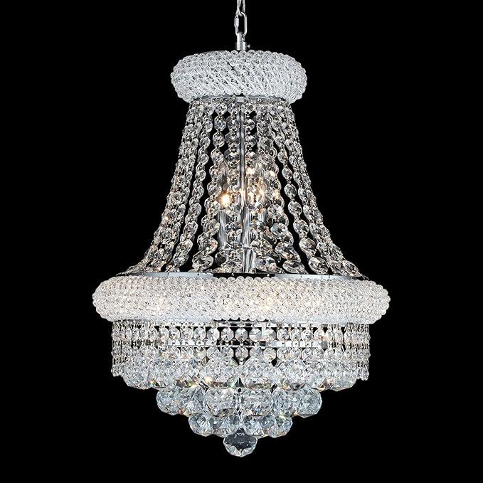 Crystal Chandeliers for Dining Room Light Fixtures Over Table, Empire Style K9 Crystal Chandelier for Living Room, 6 Lights Chrome Luxury Lighting Fixtures for Bedroom Kitchen Island Entryway D15 Inch