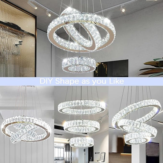 FRIXCHUR Modern LED Chandeliers Crystal Pendant Light 3 Ring Chandelier Hanging Crystal Ceiling Light Fixture Adjustable Pendant Light for Living Room Dining Room Bedroom Foyer Gold (Cool White)