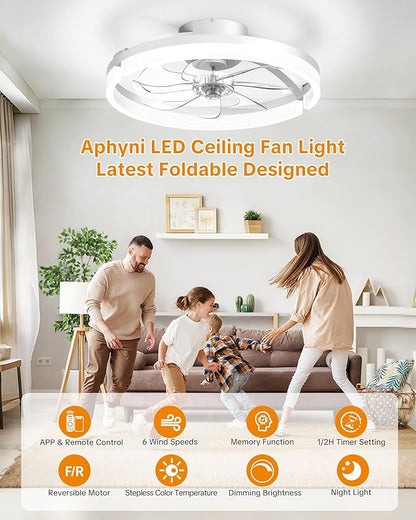 Ceiling Fans with Lights and Remote Low Profile Flush Mount LED Ceiling Fan with Lights 3000K-6500K Dimmable Foldable Fandelier Light 6 Wind Speeds Night Light for Bedroom Living Room White (Frosted)