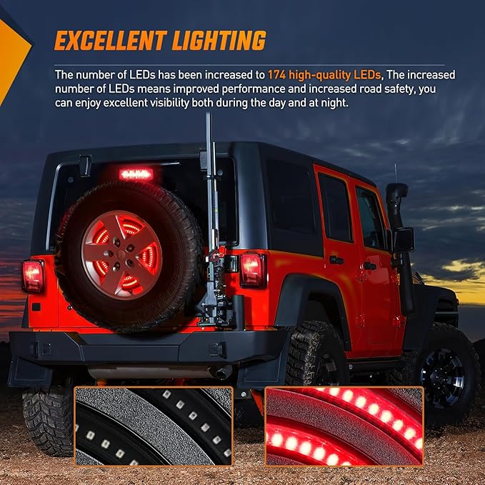 Nilight Spare Tire Brake Light Red Double Row LED Ring 3rd Third Stop Rear Wheel Lights Plug and Play Fit for 2007-2017 Jeep Wrangler JK JKU