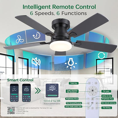 48” Ceiling Fans with Lights, Flush Mount Ceiling Fan with Light And Remote/APP, Low Profile Ceiling Fan with Light, Reversible, 6 Speed Noiseless LED Ceiling Fan, Black Ceiling Fan for Bedroom