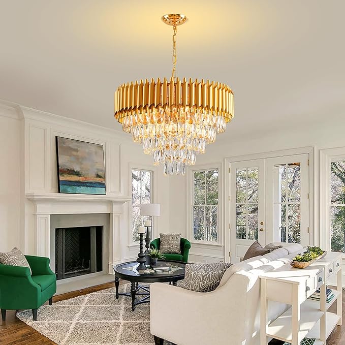 Modern Crystal Chandelier 12 Lights Gold Chandeliers for Dining Room Chandeliers Crystal Living Room Bedroom Foyer Hallway Luxury Chandelier Light Fixture with Light W24in