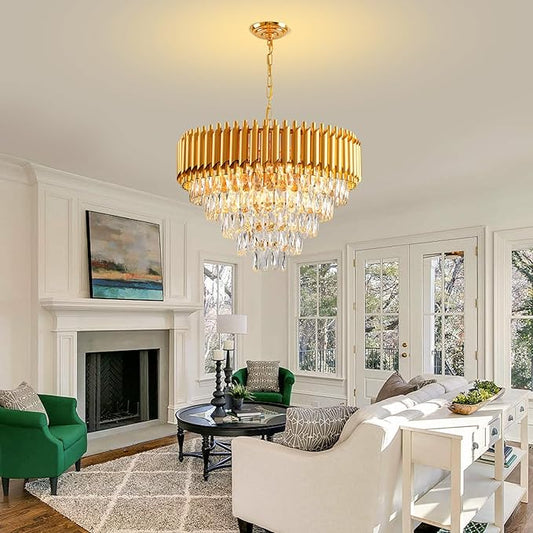 Modern Crystal Chandelier 12 Lights Gold Chandeliers for Dining Room Chandeliers Crystal Living Room Bedroom Foyer Hallway Luxury Chandelier Light Fixture with Light W24in