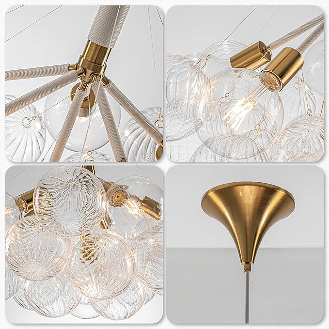 Longree Bubble Chandelier White and Gold 6-Light Dia 24" Swirled Glass Chandeliers Pendant Light Fixture for Kitchen Island, Bedroom, Dining Room