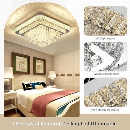Miuyhji Elegant LED Crystal Raindrop Ceiling Light, 24 in Square Flush Mount Chandelier with Remote for Living Room Kitchen Island Bedroom Hallway Entryway Foyer (Dimmable)