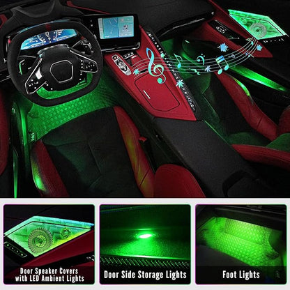 Door Speaker Relays Cover Trim w/Neon Accent Lights fit for C8 Corvette 2019-2024,LED Ambient Foot Lights,Atmosphere Door Storage Box Lamps,Voice APP Button Switching Control,RGB