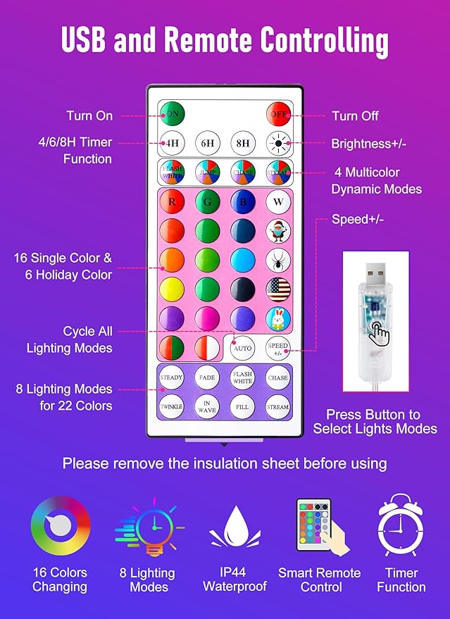 Minetom Fairy Lights Color Changing - 66FT 200 LED String Lights with Remote, 16 Single Colors & 6 Holiday Colors, USB Fairy Light Indoor with 12 Mode, Christmas Light for Bedroom Halloween Decoration