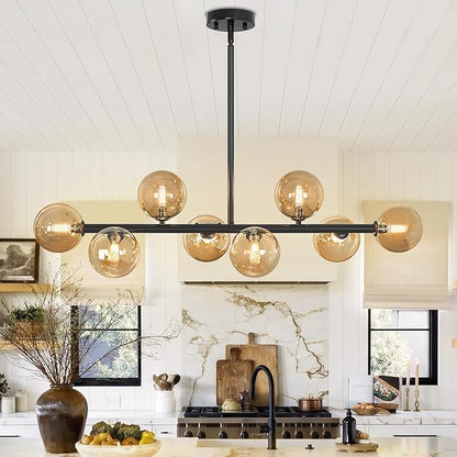 Linear Chandeliers for Dining Room, 8-Light Black Sputnik Chandeliers Modern Chandelier Linear Dining Room Light Fixture Mid Century Ameber Glass Globe Chandelier for Kitchen Island Living Room 37inch