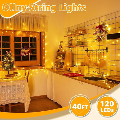 Ollny 120LED 40FT String Lights, Waterproof Connectable Fairy Lights with Timer 8 Modes, Warm White Plug in Indoor Light for Bedroom Classroom Outdoor Wedding Christmas Party Decorations
