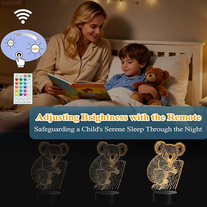 Koala Night Light, Koala Gifts, 3D Illusion Lamp with Remote Control, 16 RGB Colors, 4 Flashing Modes, Timer, Dimmable, Cute Animal for Decor for Holiday Birthday Christmas
