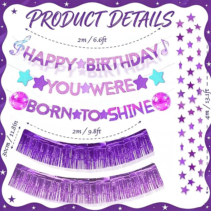 Kpop Happy Birthday Banner Set - Kpop Birthday Party Decorations with Purple Shining Star Garland, Music Idol Party Decor for Girls