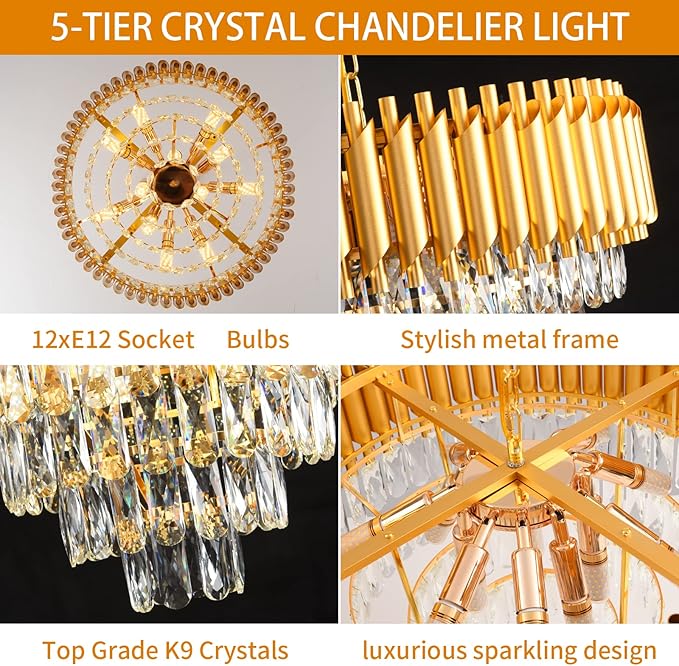 Modern Crystal Chandelier 12 Lights Gold Chandeliers for Dining Room Chandeliers Crystal Living Room Bedroom Foyer Hallway Luxury Chandelier Light Fixture with Light W24in