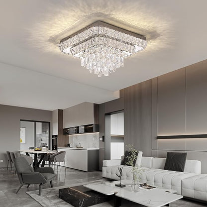 COCOSTAR Crystal Chandeliers, Modern Led Luxury Chandelier, 25" Suqare Flush Mount Chandelier Ceiling Light, Chandeliers for Dining Room, Living Room, Bedroom