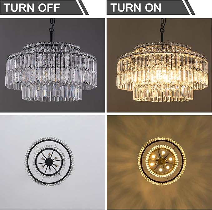 TOCHIC Black Modern Crystal Chandelier,2-Tier Round Height Adjustable Ceiling Light Fixture for Dining Room Living Room Bedroom Kitchen Foyer