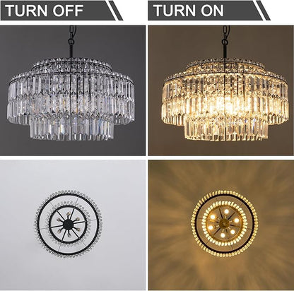 TOCHIC Black Modern Crystal Chandelier,2-Tier Round Height Adjustable Ceiling Light Fixture for Dining Room Living Room Bedroom Kitchen Foyer