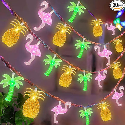 Olixmlya 30 LED [ 8 Modes & Timer ] 16Ft Summer Tropical Beach Hawaiian String Lights Tropical Flamingo Pineapple Palm Tree Fairy Lights Battery Operated for Party Beach Pool Summer Decor