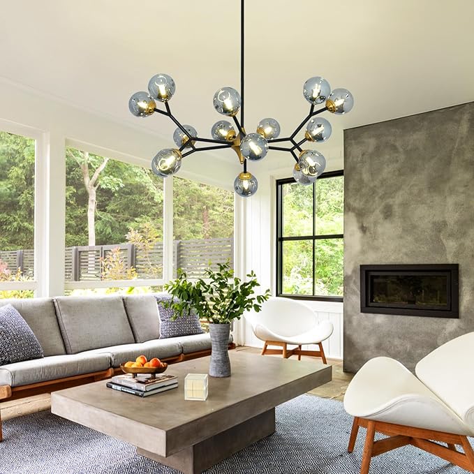 Depuley Glass Globe Sputnik Chandelier: 15-Light Modern Matte Black and Gold Ceiling Light Fixture - Vintage Hanging Chandeliers for Living Room Kitchen Dining Room Bedroom (Included G9 Bulbs)