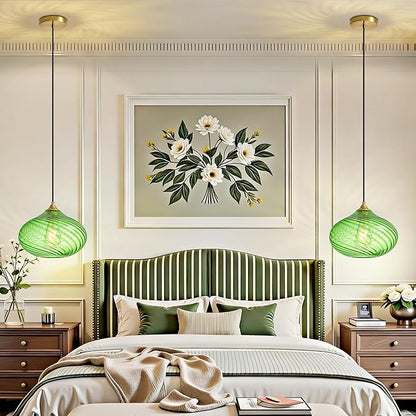 Glass Pendant Lights Kitchen Island, Gold Pendant Lighting Fixtures, Modern Hanging Ceiling Light with 11'' Striped Green Glass Shade for Farmhouse Dining Room Bedroom Hallway(1 Pack)
