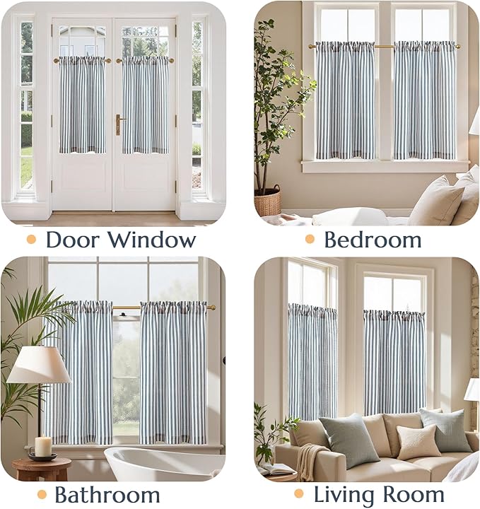 jinchan Striped Linen Kitchen Curtains 36 Inches Length Tier Curtains Farmhouse Modern Cafe Style Small Window Treatments Airy Light Filtering Rod Pocket for Living Room Bathroom 2 Panels Blue