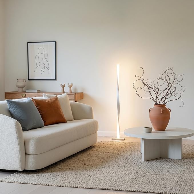 Brightech Helix LED Bright Floor Lamp for Living Rooms & Bedrooms, 48" Tall Pole Lamp, Dimmable Standing Lamp - Platinum Silver