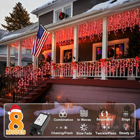 KNONEW Christmas Lights Outdoor Decorations 400 LED 33ft 8 Modes Curtain Fairy String Light with 75 Drops, Clear Wire LED Hanging Light Decor for Wedding Party Holiday Christmas Decorations (Red)
