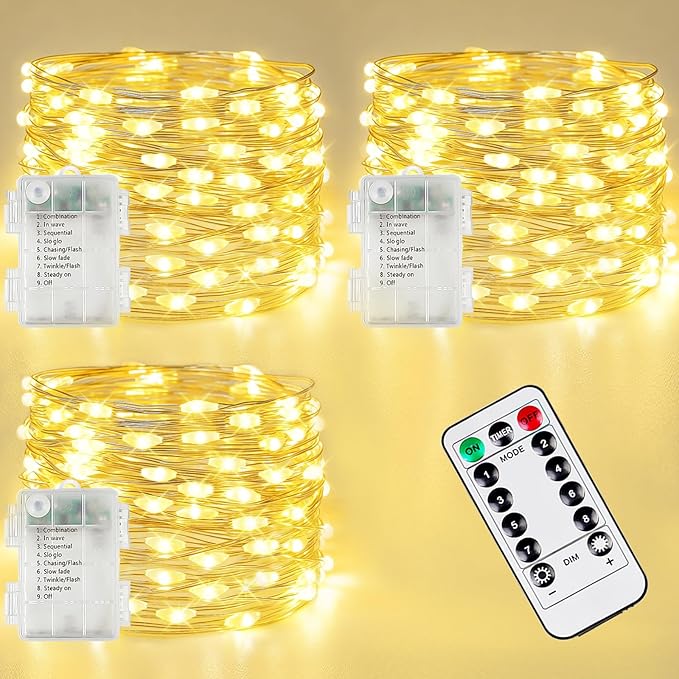 3 Pack Fairy Lights Battery Operated with Remote, 120LED 40FT Twinkle Lights Waterproof Outdoor Indoor Decor, 8 Modes Battery String Light Timer for Christmas Party Wedding Home DIY Décor(Warm White)