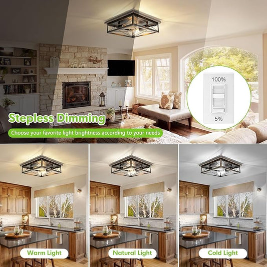 Farmhouse Ceiling Light Fixture - Industrial Square Modern Black Flush Mount Ceiling Light for Kitchen, Hallway, Bedroom, Balcony, Porch, Stairway, E26 (1 Pack - Black Gold, 12 Inch)