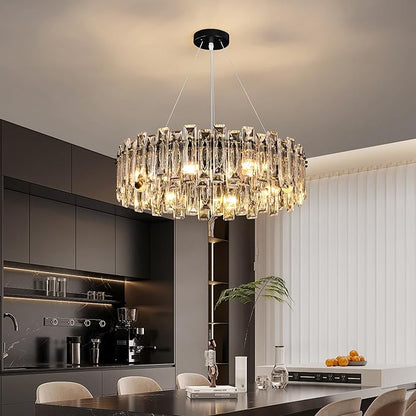Luxury K9 Crystal Chandelier Modern Round Easy Install Ceiling Hanging Pendant Light Fixture for Dining Living Room Kitchen Island Entryway Foyer D23.6 Black 8-Lights