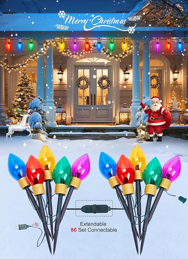 Brightown Jumbo C9 Christmas Pathway Lights Outdoor - 8.5 Feet 5 LED C9 Walkway Lights, Multicolor Bulb Holiday Pathway Light with Marker Stakes, Christmas Light Outdoor Decorations for Lawn Yard