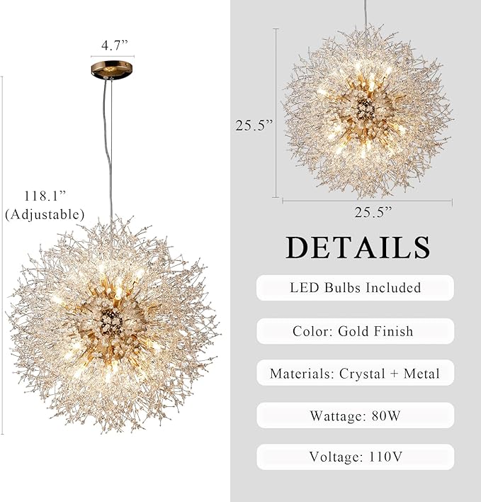 16-Light Sputnik Crystal Chandeliers Light Fixture, Modern Firework Hanging Lights, Round Gold Dandelion Pendant Lighting for Dining Room Living Room Bedroom Kitchen Island (Gold, D25.5inch)