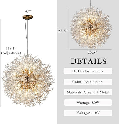 16-Light Sputnik Crystal Chandeliers Light Fixture, Modern Firework Hanging Lights, Round Gold Dandelion Pendant Lighting for Dining Room Living Room Bedroom Kitchen Island (Gold, D25.5inch)