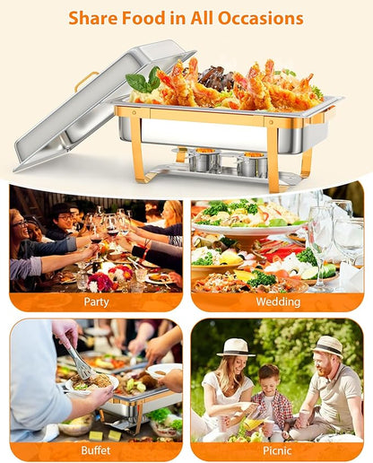 6 Pack Chafing Dishes for Buffet, Stainless Steel Catering Chafer with Lids, Pans & Fuel Holder, 8QT Food Warmers for Parties Buffet, Buffet Servers and Warmers for Parties, Events, Weddings, Gold