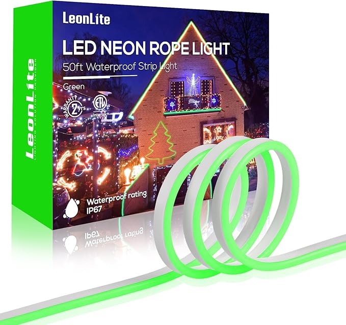 LEONLITE 50FT LED Neon Rope Lights, Outdoor IP67 Waterproof, Christmas Festival Decor, 120V UL Plug, ETL Connectable LED Neon Strip Lights for Shop Sign, Max 3 Sets(150FT), Green Light