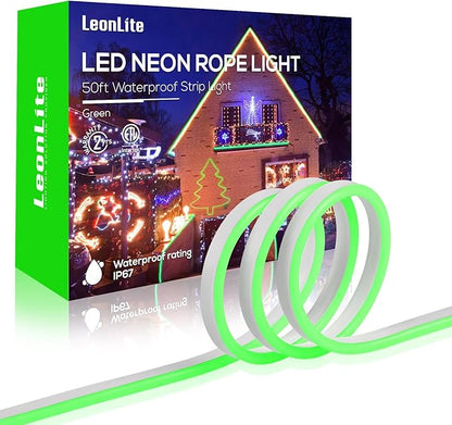 LEONLITE 50FT LED Neon Rope Lights, Outdoor IP67 Waterproof, Christmas Festival Decor, 120V UL Plug, ETL Connectable LED Neon Strip Lights for Shop Sign, Max 3 Sets(150FT), Green Light
